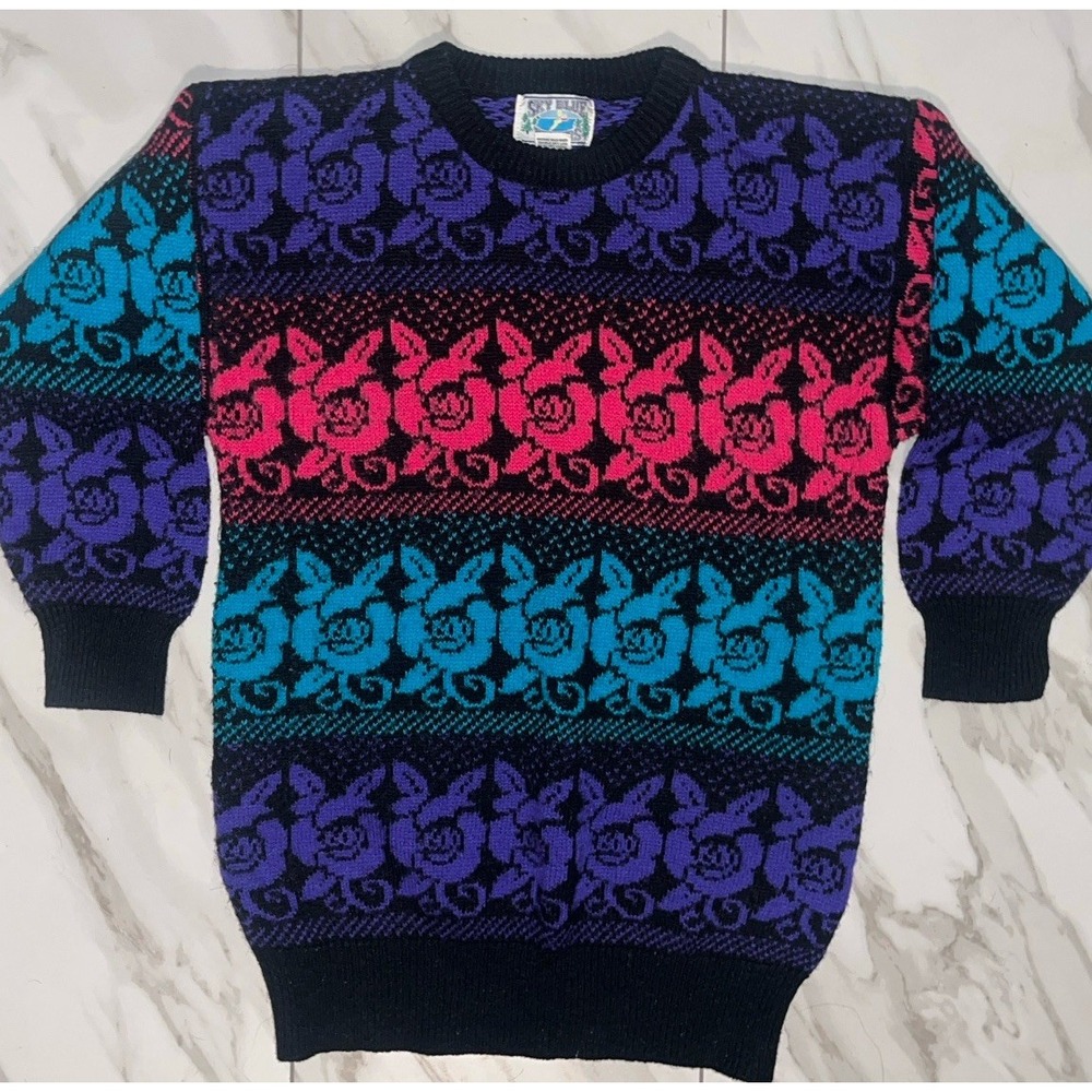 Vintage Rainbow Rose Knit Sweater Women M 3/4 Sleeve Colorblock Floral Y2K - Picture 8 of 11
